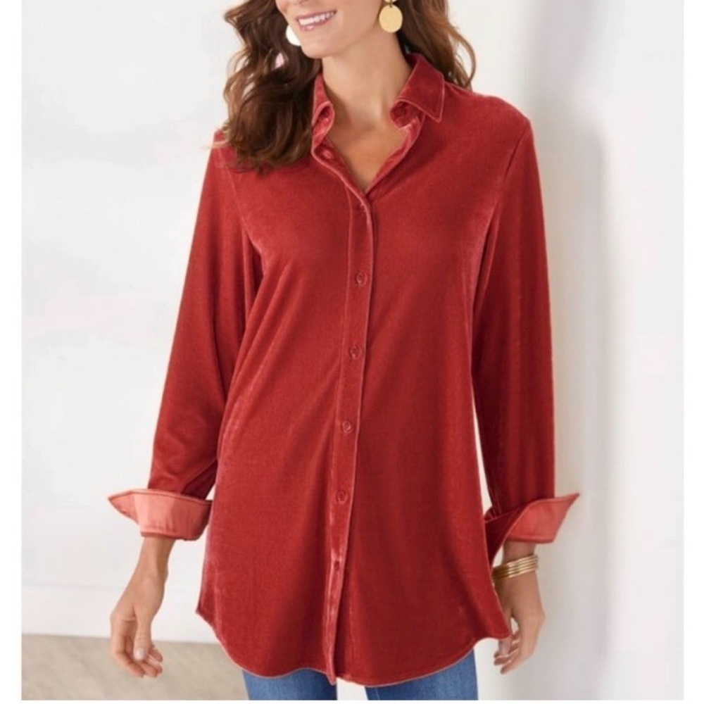Soft Surroundings Women’s Crimson Red Soft Velvet Oversized Long Tunic Size S
